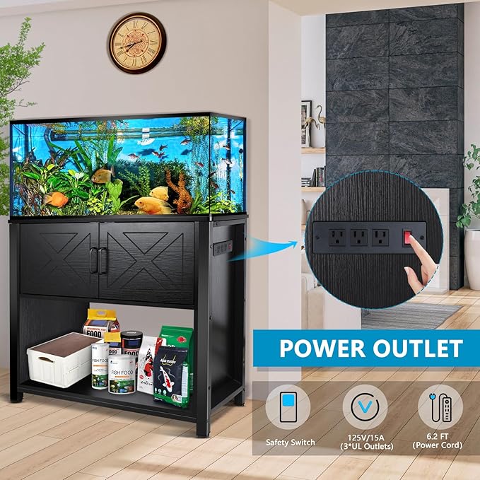 40 Gallon Tank Stand with Cabinet and Power Outlets, Heavy Duty Metal Aquarium Stand for 40-50 Gallon Breeder Tank, Turtle Tank, Double Terrarium Stand, 660LBS Capacity, Black-PurrikoPets