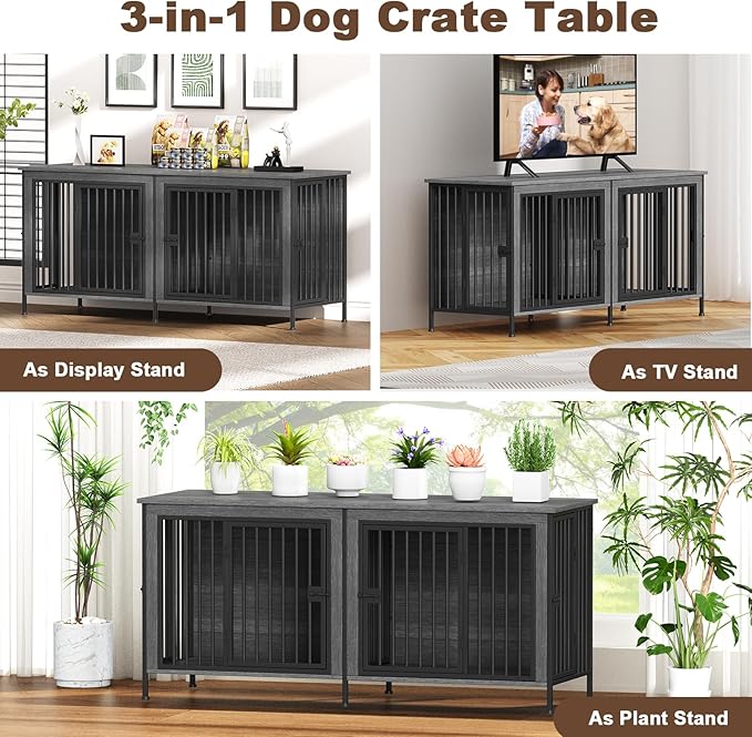 EasyCom 63" Dog Cage Furniture for 2 Pets with Divider, XL Wooden Double Dog Crate Furniture TV Stand for Mideum Breed, Durable and Sturdy-PurrikoPets