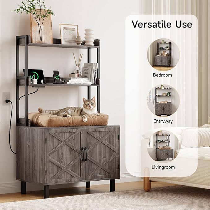 55 Inches Cat Litter Box Enclosure, Hidden Litter Box Furniture with 2 Storage Shelves and Charging Sockets, Wooden Cat House, Large Indoor Cabinet for Living Room & Entryway, Grey-PurrikoPets