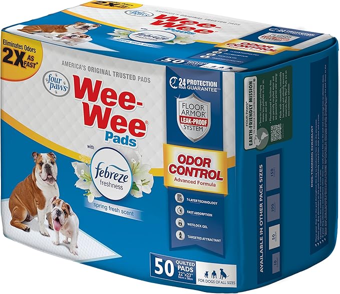 Four Paws Wee-Wee Odor Control with Febreze Freshness Pee Pads for Dogs & Puppies, Leak-Proof Dog Housebreaking Potty Training Floor Protection, Spring Fresh Scent, 22" x 23", 50 Count-PurrikoPets