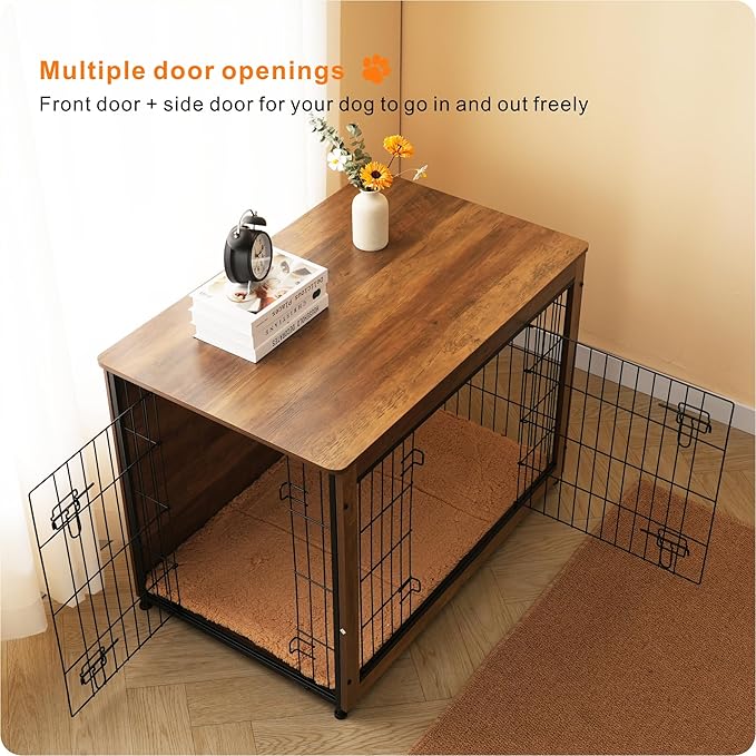 DWANTON Dog Crate Furniture with Cushion, Wooden Kennel Table with Double Doors, Indoor Dog House, Large Size, 38.5" L, Warm Brown-PurrikoPets