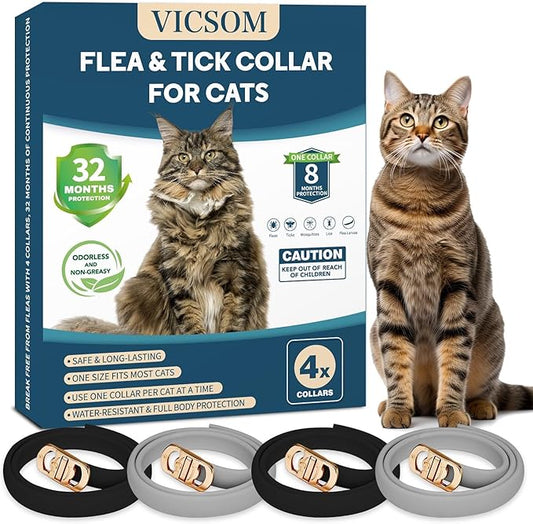 4 Pack Flea and Tick Collar for Cats, 32 Months Treatment Prevention, Waterproof Adjustable Kitten Collar, Black Grey-PurrikoPets