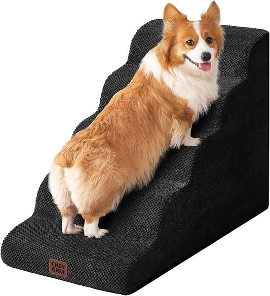 EHEYCIGA Curved Dog Stairs Ramp for High Beds, 5-Step Extra Wide Dog Steps for Small Dogs and Cats, Pet Stairs for High Bed Climbing, Non-Slip Balanced Pet Step Indoor, Black-PurrikoPets