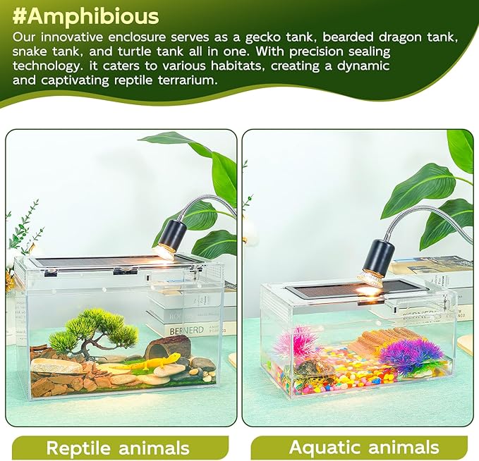 12.5''×6''×7'' Reptile Tank Kit with Heat Lamp, Spray Bottle, Shovel, Tweezers, Food Bowl, Hideout -Perfect for Geckos, Snakes, Lizards, Turtles, Jumping Spider,Milk Frog,Hermit Crabs-PurrikoPets