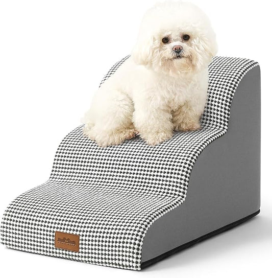 Dog Stairs for Small Dogs 15.7" H, Curved Dog Step for Puppy, Older Cat, Medium Pet Ramp for Sofa, Couch or Chair, Ladder with High Density Foam, 15.7x22.4x15.7 inch, 3 Step, White Black-PurrikoPets