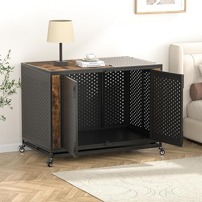 48" Heavy Duty Dog Crate Furniture for Extra Large Dogs, Enclosed Design with 0.5 inch Holes, Indestructible Metal Kennel for High Anxiety Dogs, Chew Proof Pet Cage House Indoor, Brown-PurrikoPets
