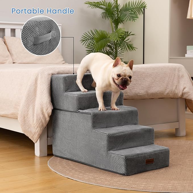 Dog Stairs for High Bed 22.6" H,5-Step Dog Steps for Small Dogs and Cats,Indoor Non-Slip Balanced Pet Stairs are Suitable for Puppy,Older Cat,Grey-PurrikoPets