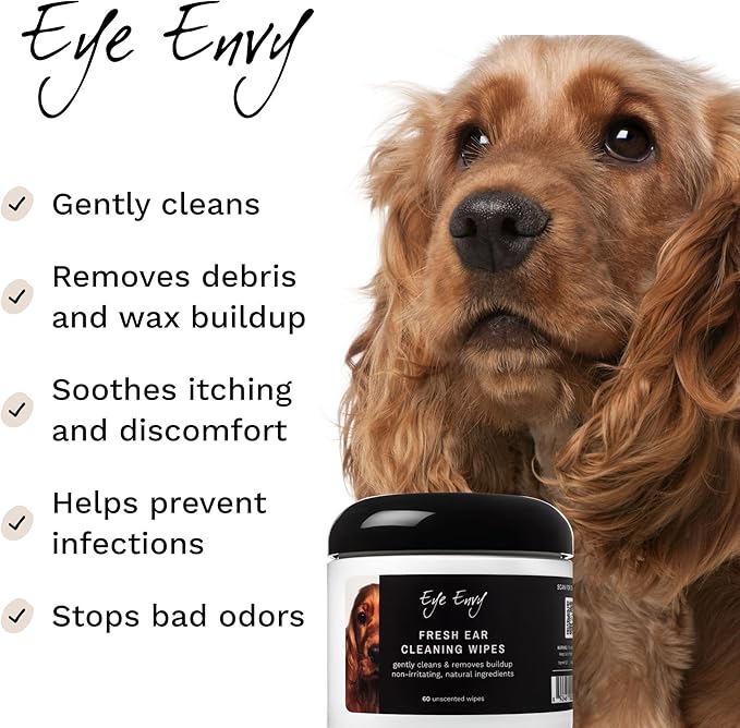 Eye Envy Fresh Ear Cleaning Wipes for Dogs. Made in The USA from Natural Ingredients. Unscented. Prevents Infections. Safe and Non-Irritating. Removes Dirt, Debris, and Wax buildup. 60 Count.-PurrikoPets