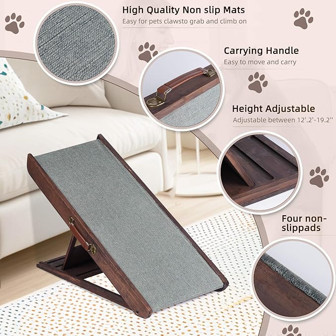 Folding Dog Ramp for Bed, Couch, Car, SUV & RV - Adjustable 4 Heights (12.2"-19.2"), 35.4" Long Wooden Pet Ramp with Non-Slip Mat & Safety Rails - Supports Pets up to 200 lbs-PurrikoPets
