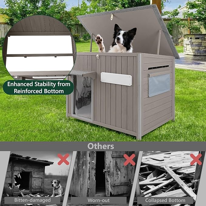 43.3" L Large Outdoor Dog House Weatherproof Doghouse for Medium to Large Dogs with Anti Bite Frames Wooden Dog Kennel with Window,8 Elevated Feet,Reinforced Bottom for Pet Up to 180 LBS-PurrikoPets