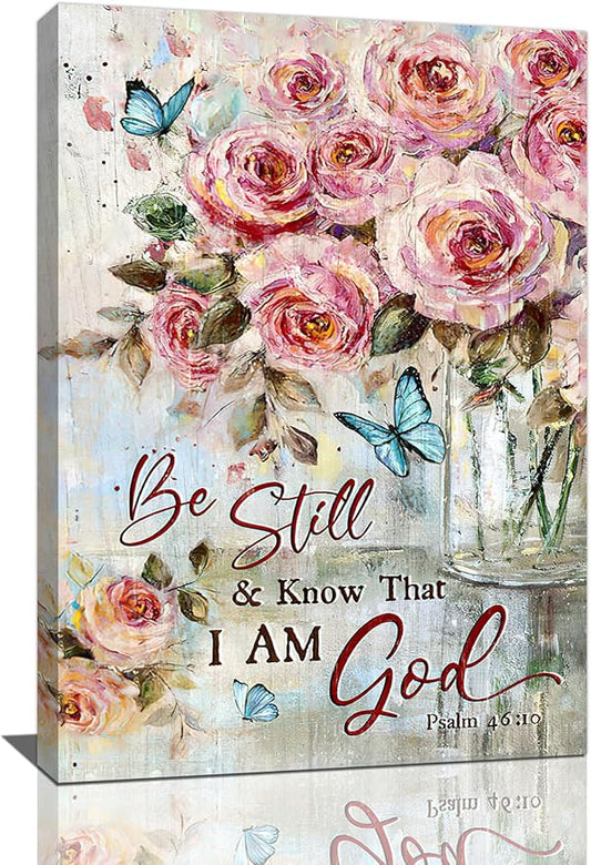 Farmhouse Rose Wall Art Christian Scripture Pictures Pink Rose Wall Decor Rustic Floral Butterfly Canvas Print Painting Artwork for Bathroom Living Room Bedroom 16"x24"-PurrikoPets
