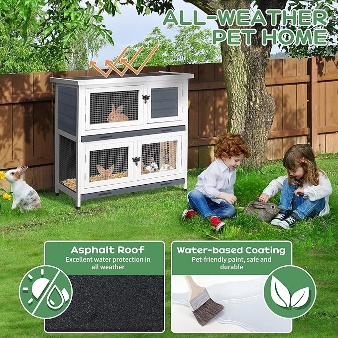 2 Story Solid Wood Rabbit/Bunny Hutch with 2 Large Main Rooms, Indoor Outdoor Rabbit House Guinea Pig Cage Pet House for Small Animals with Ventilation Door Removable Tray Waterproof Roof (Grey)-PurrikoPets