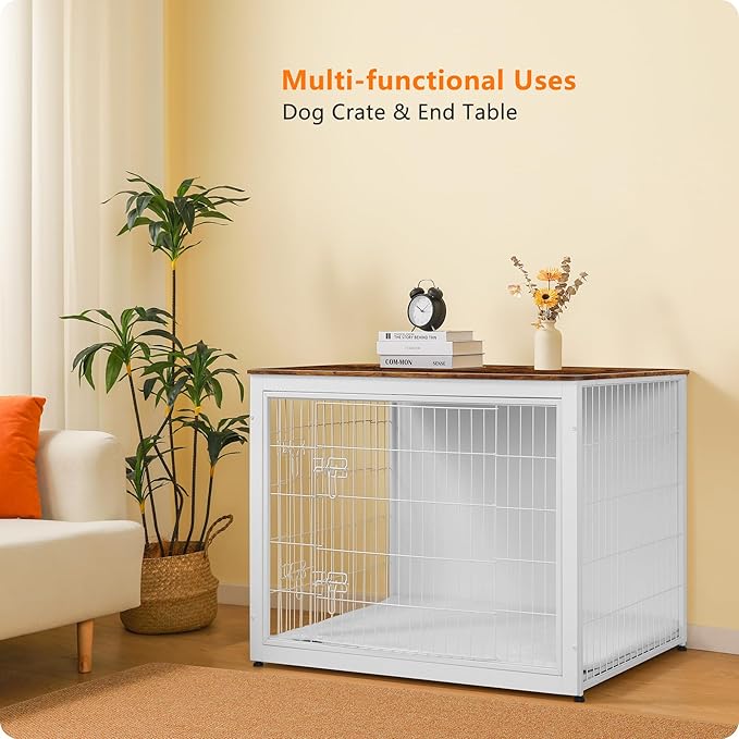 DWANTON Dog Crate Furniture with Cushion, Wooden Kennel Table with Double Doors, Indoor Dog House, Extra Large Size, 43.3" L, White+Rustic Brown-PurrikoPets