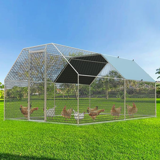 4ever2buy Chicken Runs for Yard with Cover, Large Metal Chicken Run Walk in Metal, Outside Dog Kennel with Roof, Flat Roofed Outdoor Kennel for Cats(9.2’Lx12.47’Wx6.4’H)-PurrikoPets