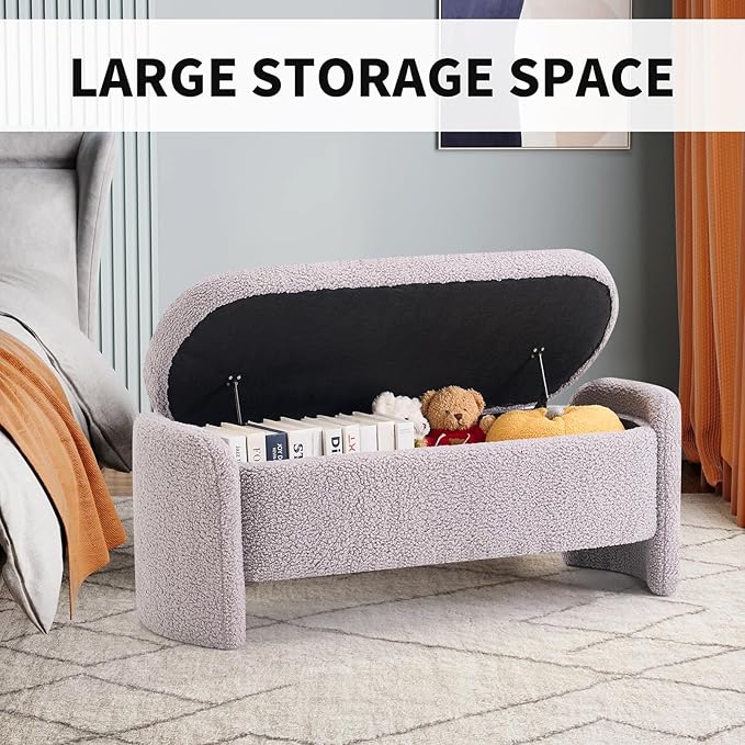 48 Inch Lamb Fleece Oval Storage Bench Upholstered Ottoman Bench with Storage, Bedroom Bench with Large Storage Space, for Bedroom Living Room Entryway, Grey-PurrikoPets