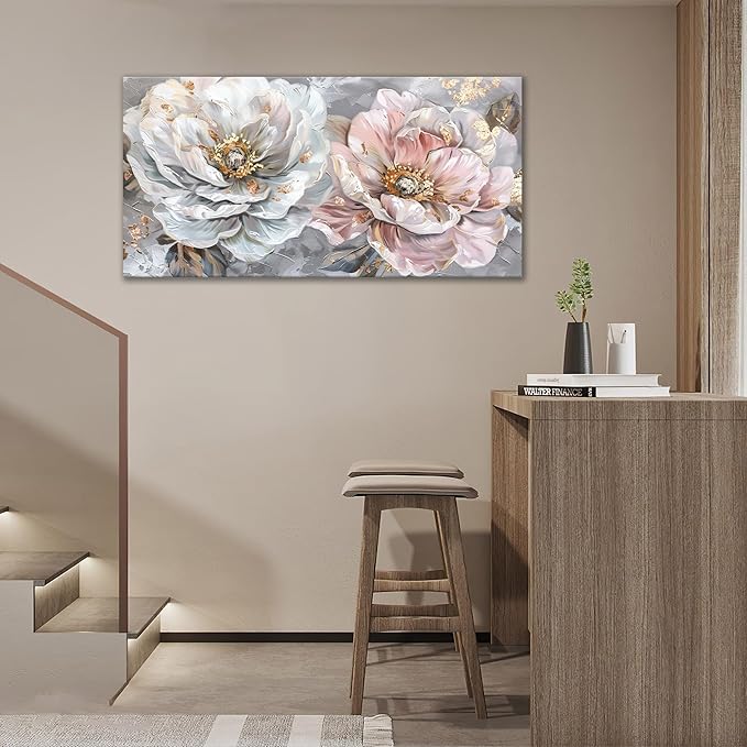 Extra Large Flower Wall Art Pink and White Floral Canvas Living Room Golden Pictures Framed Prints Oversize Wall Decor Big Painting Artwork for Bedroom Dining Office Home 60"x30"-PurrikoPets