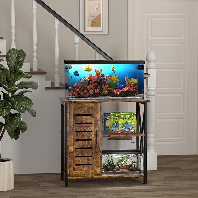 20-29 Gallon Fish Tank Stand, Aquarium Stand with Cabinet Accessories Storage, Heavy Duty Metal Frame, 31.49" L*15.74" W Tabletop, 330LBS Capacity, Rustic Brown PG07YGN-PurrikoPets