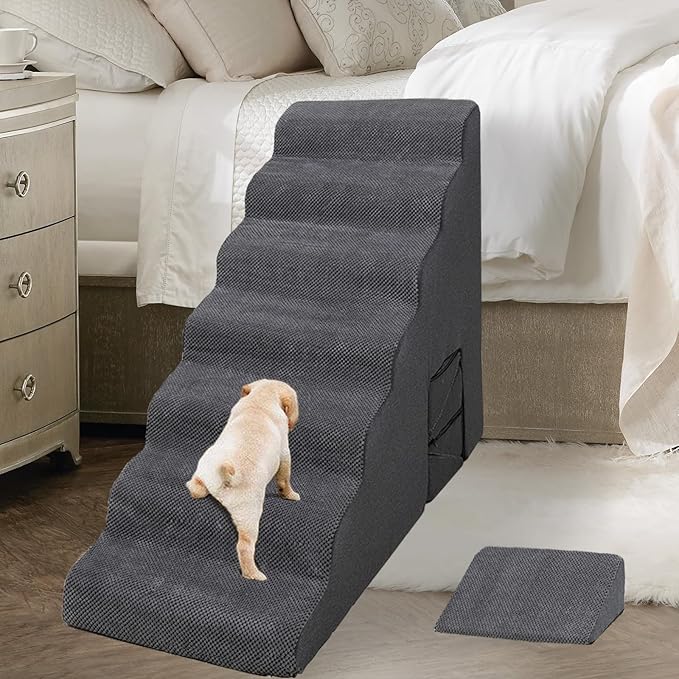 Dog Stairs for High Beds 30-36 inches Tall, 7-Step Pet Stairs/Steps for Small Large Dogs, 30D Foam Pet Steps/Ramp/Ladder for High Bedsides, with 4pcs Dog Ramp for Stairs, Dark Grey-PurrikoPets