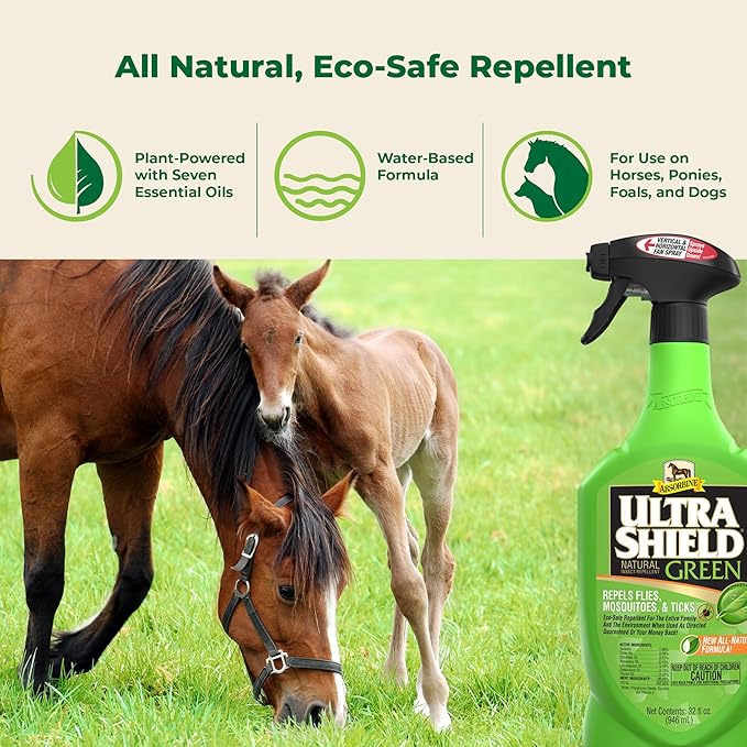 Absorbine UltraShield Green All-Natural Fly & Insect Repellent for Horses & Dogs, Essential Oils Repel & Control, 32oz Spray Bottle-PurrikoPets