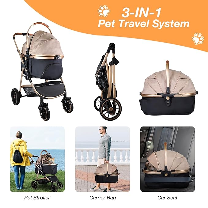 Dog Stroller for Small Medium Dogs, 3 in 1 Folding Pet Stroller Up to 33 lbs, 4 Wheels Pet Strolling Cart with Zipperless Entry, Cat Dog Travel Carrier with Cup Holder & Storage Basket-PurrikoPets