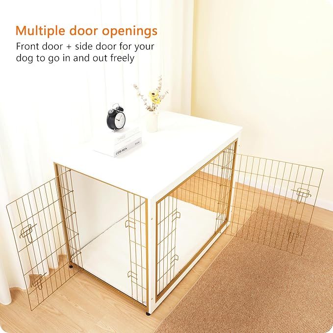 DWANTON Dog Crate Furniture with Cushion, Wooden Kennel Table with Double Doors, Indoor Dog House, Extra Large Size, 43.3" L, White+Gold-PurrikoPets