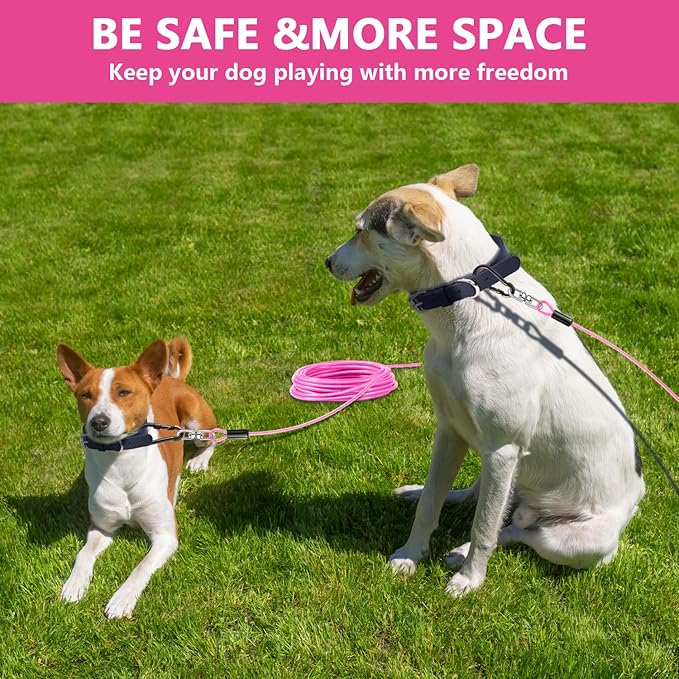 Dog Tie Out Cable 15FT-500Lbs,Heavy Duty Dog Leads&Tether for Yard with Swivel Hook,Small Large Dogs Leash Line for Outside,Rust Chew Proof Dogs Run Cable for Outdoor Camping (Pink, 15FT)-PurrikoPets