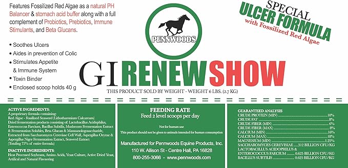 GI Renew Show, Probiotics for Equine, Immune and Appetite Stimulation, Prebiotics, Digestive Enzymes | Horse Supplement Providing Ulcer Relief and Treatment, Organic Toxin Binder, 6 LB Bag-PurrikoPets