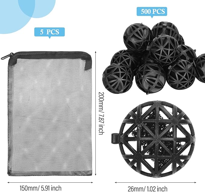 500 Pieces Bio Filter Balls Black Bio Balls for Aquarium Filter Pond Filter 1.02 Inch Internal Bioballs Filter Media with 5 Pieces Aquarium Filter Media Bags Mesh Bags with Zipper for Fish Tank Pond-PurrikoPets