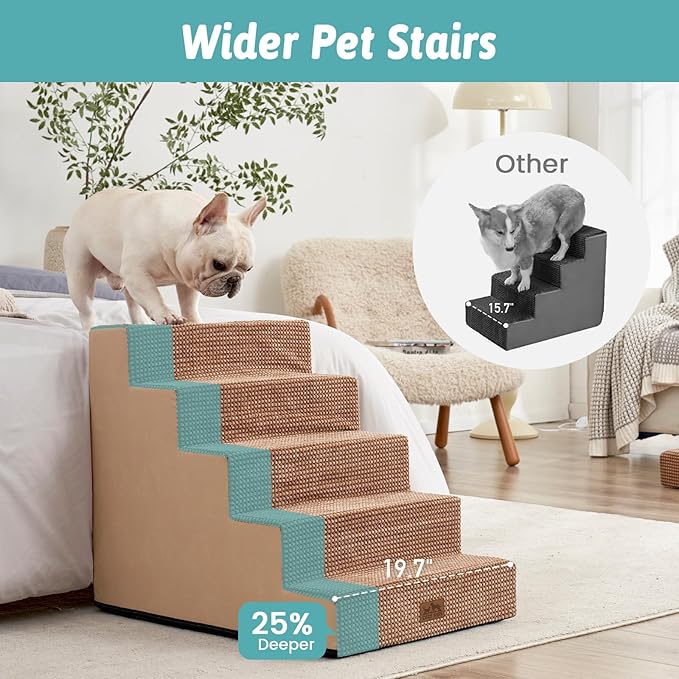 Dog Stairs for Small Dogs, 5 Tier Wider Pet Stairs for High Beds, 23.6" H Non-Slip Dog Steps for Old Cats, Puppies, Small Medium Dogs, 29.5x19.7x23.6 inch, Light Brown-PurrikoPets