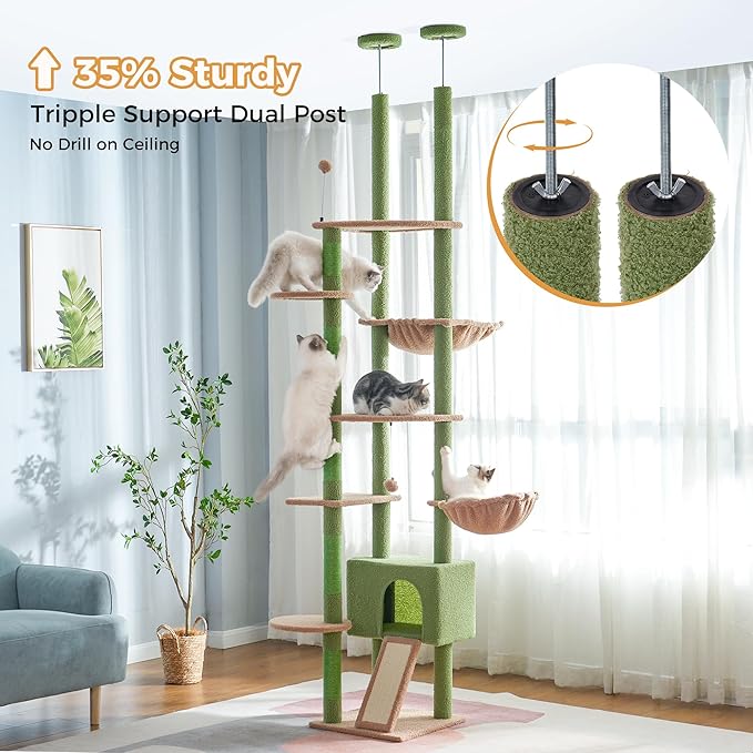 Floor to Ceiling Cat Tree Tall Cat Tower with Adjustable Height (81.8-108 Inches) with Fully Scratching Post Private Condo and Hammock for Indoor Cats (Green, Triple Dule Posts)-PurrikoPets