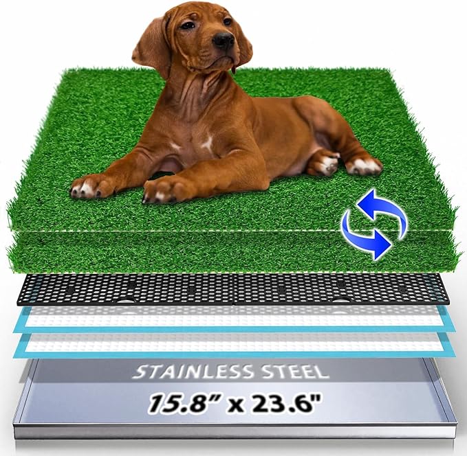 Dog Grass Pad with Tray, Stainless Steel Odor-Resistand Indoor Outdoor Potty System, Durable Alternative to Plastic with Artificial Grass for Dogs Potty Training (Potty System Size -23.6"x 15.8")-PurrikoPets