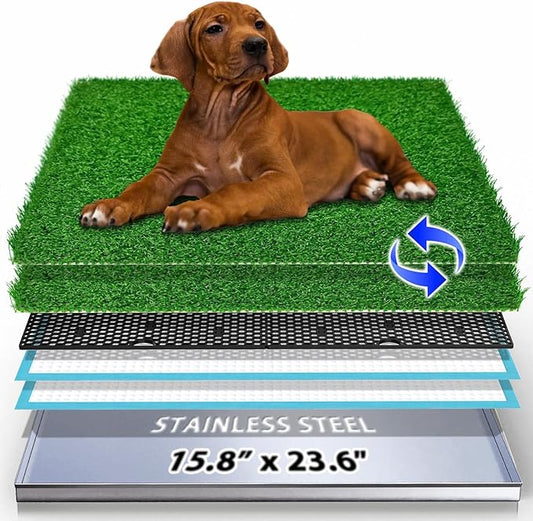 Dog Grass Pad with Tray, Stainless Steel Odor-Resistand Indoor Outdoor Potty System, Durable Alternative to Plastic with Artificial Grass for Dogs Potty Training (Potty System Size -23.6"x 15.8")-PurrikoPets