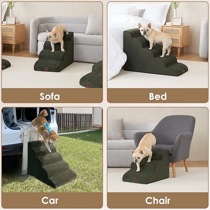 EHEYCIGA Curved Dog Stairs Ramp for Small Dogs 15.7" H, 3-Step Dog Steps for Couch Sofa and Chair, Pet Stairs for Cats, Non-Slip Balanced Pet Steps Indoor, Olive Green-PurrikoPets