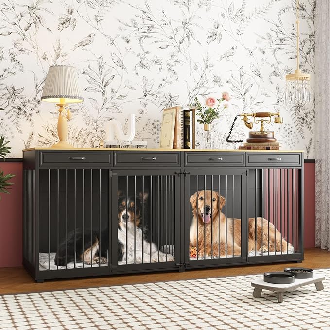 Extra Large Dog Crate with Double Rooms, 93" Heavy Duty Wooden Dog Cage Furniture Dog Crate Kennel w/Drawers & Removable Divider,Indoor Luxury Dog House for Large Dogs,Black-PurrikoPets