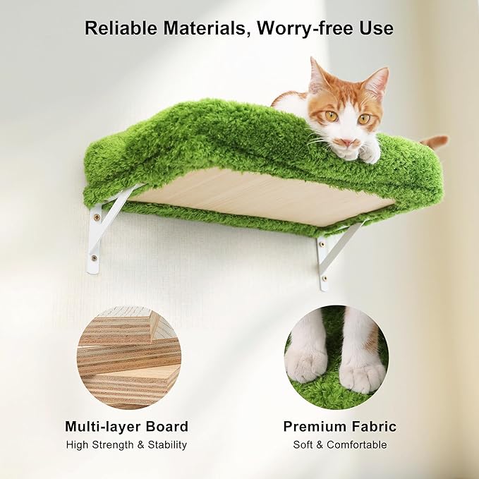 FUKUMARU Cat Wall Shelves, Stable & Safe 4 in 1 Cat Furniture Set, Wooden Climbing Wall with Scratching Post, Bridge and Bed, Stylish Jungle Gym for 16 Inch Drywall - Green-PurrikoPets