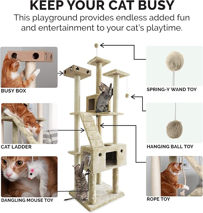 Furhaven 69.3" Tall Cat Tree for Indoor Cats, Ft. Sisal Scratching Posts, 2x Cat Condos, & Toys - Tiger Tough Double Decker Interactive Playground Tower - Cream, One Size-PurrikoPets