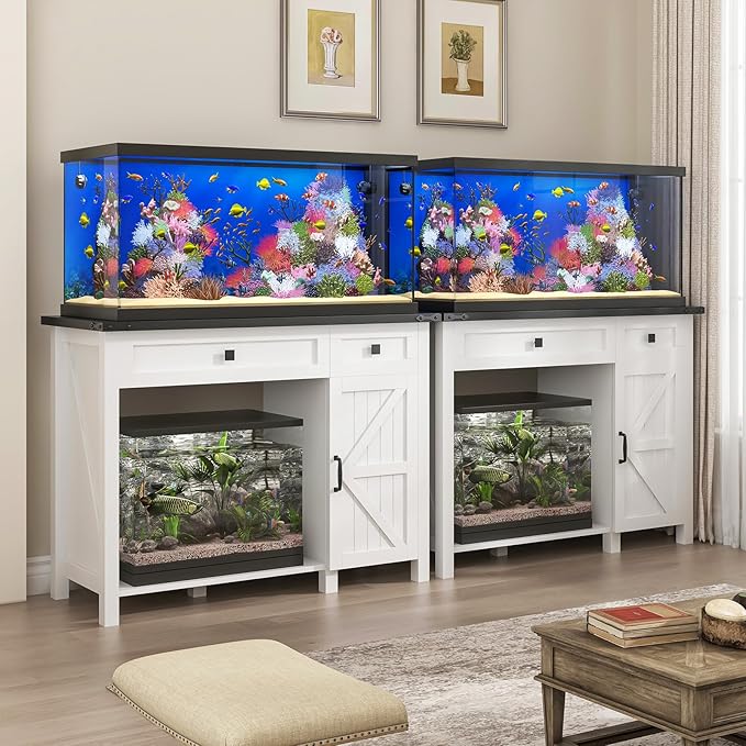 40 Gallon Aquarium Stand With Charging Station, Farmhouse Fish Tank Stand, Reptile Tank Stand Terrarium Stand with Drawer and Cabinet Storage, Sturdy Heavy Duty 41.9"×18.3" Tabletop - White-PurrikoPets