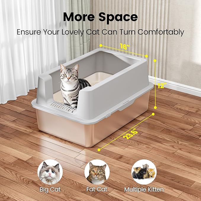 2 Pack Stainless Steel Cat Litter Box - Enclosed XL Metal Kitty Litter Box with Lid for Big Cats, High Sided, Anti-Leakage, Easy Cleaning, Non-Sticky, Included Cat Litter Spoon-PurrikoPets