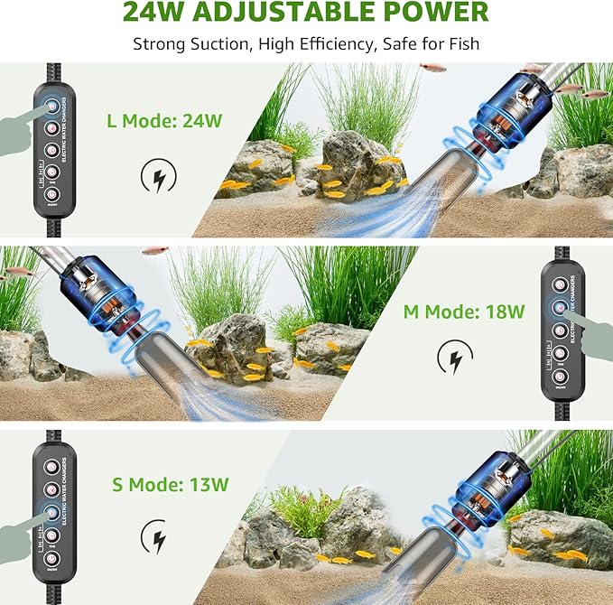 Electric Aquarium Vacuum Gravel Cleaner: 24W Fish Tank Vacuum Gravel Cleaner with Strong Suction for Automatic Water Change Algae Remover Sand Wash Water Shower and Water Circulation, Timed Off-PurrikoPets