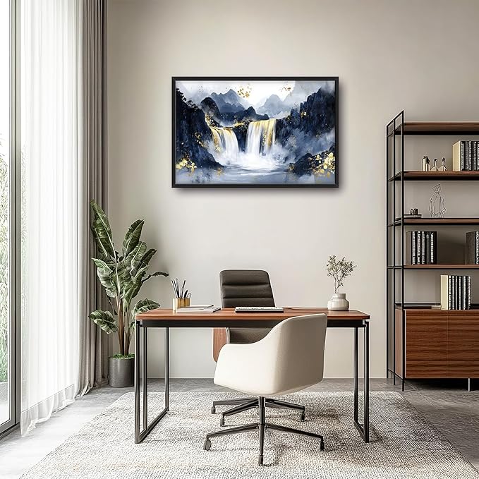 Extra Large Abstract Golden Waterfall Framed Wall Art for Living Room,Oversized Foggy Mountain Pictures Wall Decor,Canvas Print Painting Modern Artwork Bedroom Office Bathroom 36L" x 24W"-PurrikoPets