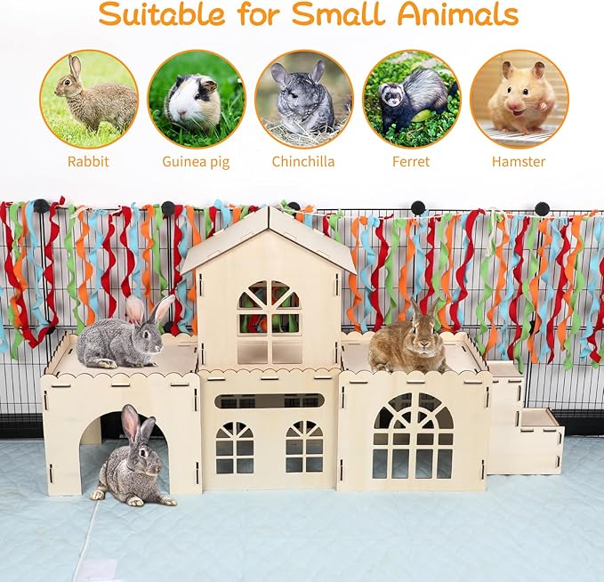 Extra Large Bunny Castle Hideout, Wooden Bunny House and Hideouts Detachable Rabbits Hideaway, Indoor Rabbit Castles Sturdy Small Animal Play Hideaway Hut for Rabbits, Guinea Pigs, Chinchillas-PurrikoPets