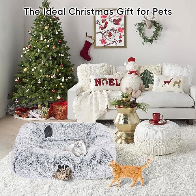 Extra Large Cat Tunnel Bed, 4 Ways Tunnels for Indoor Cats, Multi-cat Family Peekaboo Cave & Cat Bed, Plush Cat Donut with Washable Middle Mat, Exit Balls, Pet Play Toy for Kitten Puppy Rabbit-PurrikoPets