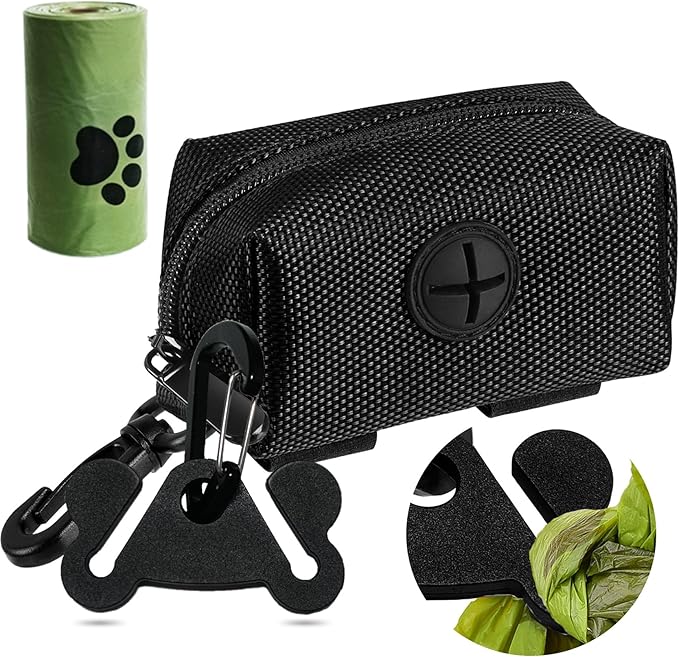 Dog Waste Bag Dispenser Pet Poop Bags Holder for Doggie Waste Bags Dispensers Soft Fabric Zipper Small Doggy Puppy Pouch for Leash Accessory Attachment with Carrier (Black)-PurrikoPets