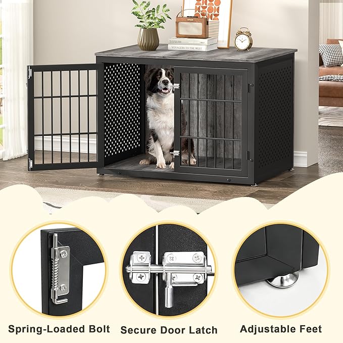 42" Heavy Duty Dog Crate Furniture for Large and Medium Dogs, Enclosed Design Wooden Metal Kennel, Pet Cage Furniture Indoor, Decorative Dog Kennel, End Table-PurrikoPets