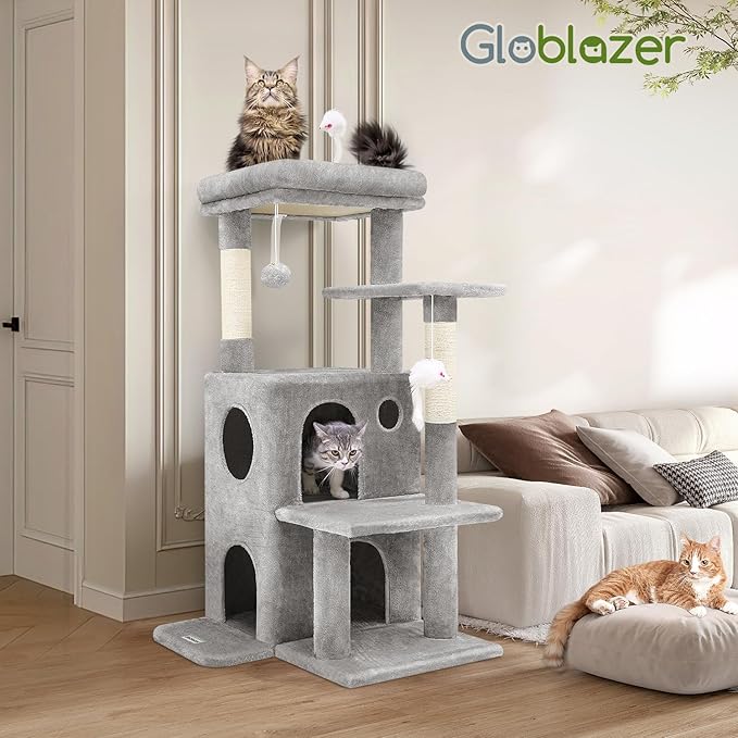 Globlazer Cat Tree Tower for Indoor Cats, 50-inch Adult Cat Tree House for Large Adult Cats with Steps, Scratching Post, 2 Cat Caves, Dangling Toys, FC50, Light Grey-PurrikoPets