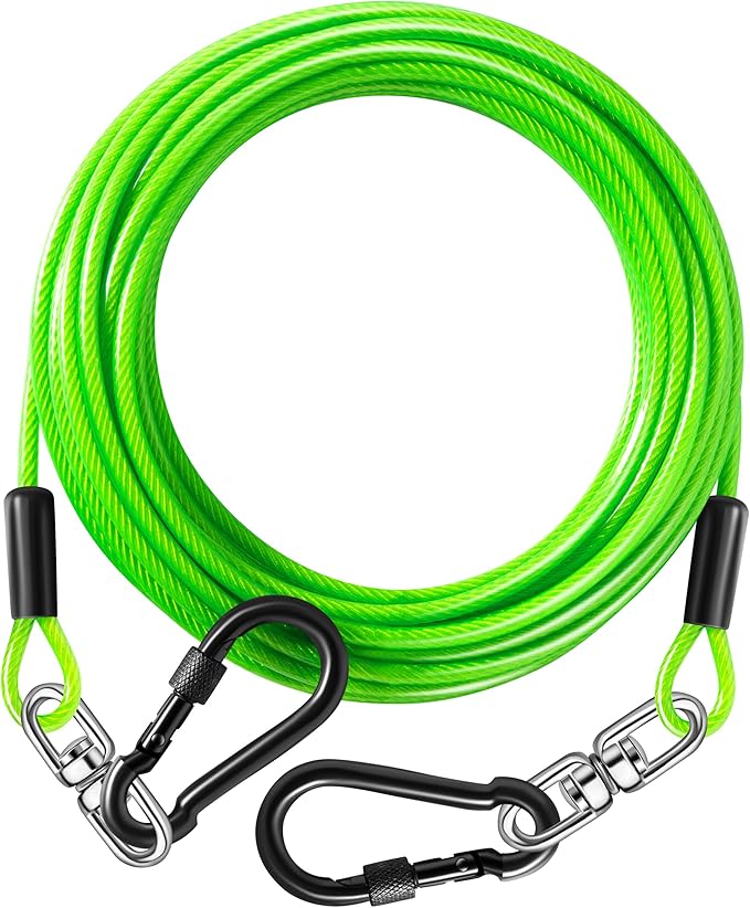 Dog Tie Out Cable 10FT-500Lbs,Heavy Duty Dog Leads&Tether for Yard with Swivel Hook,Small Large Dogs Leash Line for Outside,Rust Chew Proof Dogs Run Cable for Outdoor Camping (Green, 10FT)-PurrikoPets