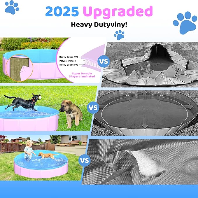 2025 Updated Foldable Dog Pool, 63" x 12" Kiddie Pool with Hard Plastic, Non-Slip Dog Bath Tub for Outdoor Backyard, Collapsible Dog Swimming Pool for Kids Dogs Pets (Pink)-PurrikoPets