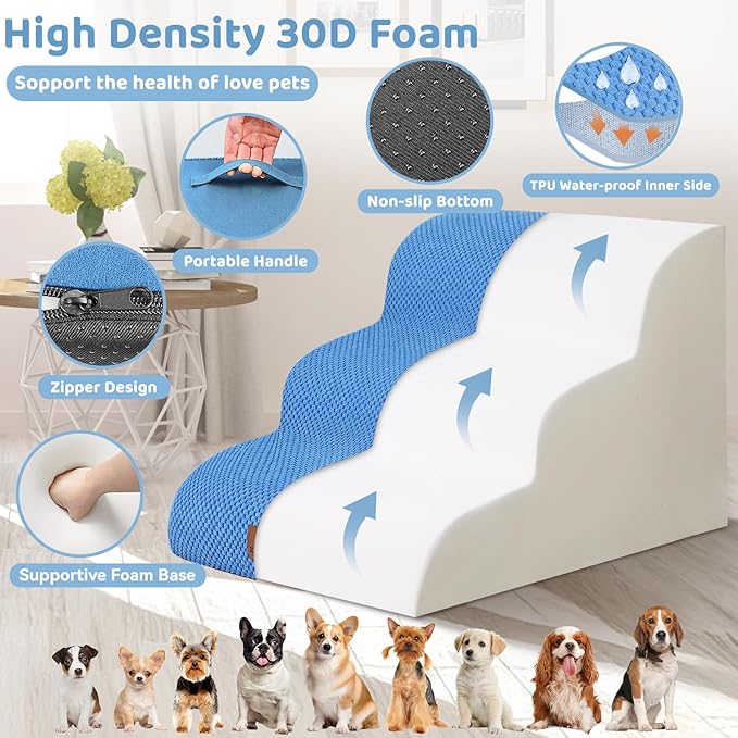 Dog Ramp and Stair for Bed 16" H-20 H,3-Step Cat Stair for Sofa and Chair,4-Step Dog Ramp for High Bed and Window,Durable Nonslip Fabric Cover for Indoor (Blue-16“H, Pet Friendly, 3)-PurrikoPets