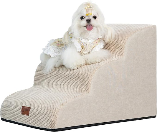 GoGoBunny Ramp Dog Stairs for Couch Sofa and Chair 15.7" H, 3-Step Pet Steps for Small Dogs and Cats, Non-Slip Waterproof Fabric Cover, Stable and Balanced Indoor Step, Pets Friendly, Beige-PurrikoPets
