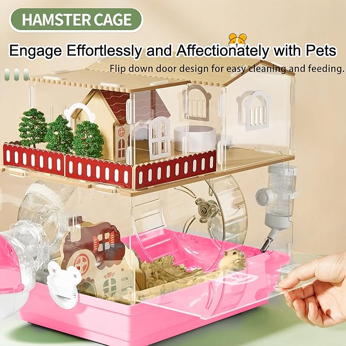 12 in 1 Clear Acrylic Hamster Cage with All Accessories,13.5''L*10''W*15''H Dwarf Hamster Cage,Magnetic Connection Small Hamster Enclosure,Wooden Mouse Cage for Pet Mice(2-Layer,Pink) Install Required-PurrikoPets